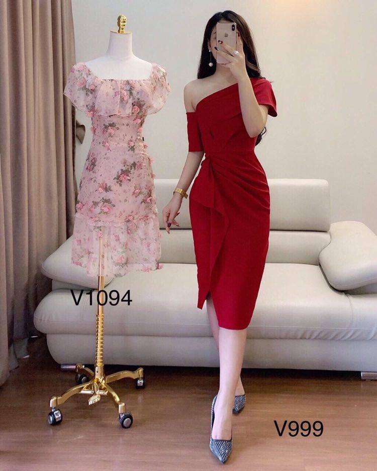 Đầm Nữ ( Váy Nữ ) Dự Tiệc Lệch Vai Xếp Bèo Thời Trang Yoomi