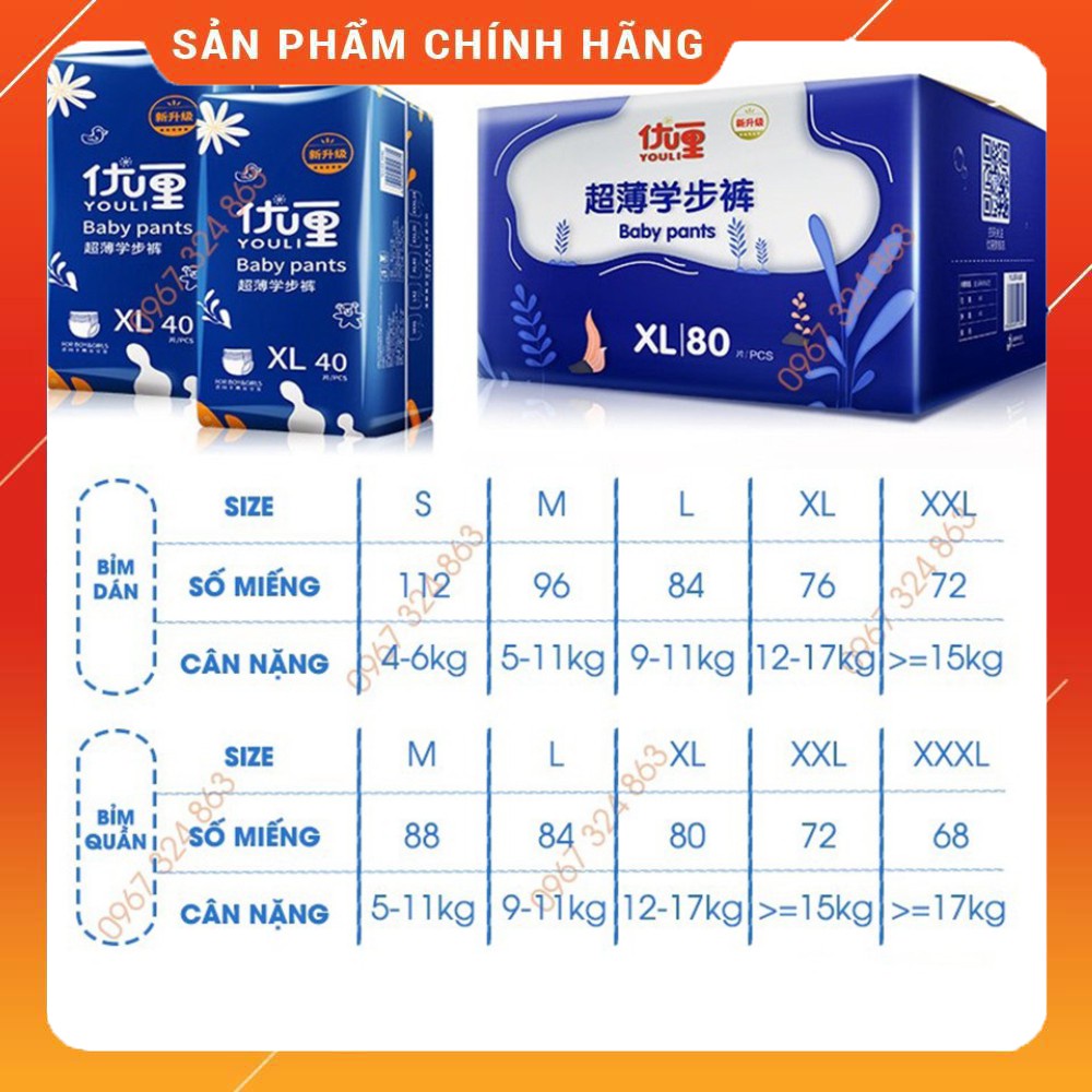 [HCM] Tã/Bỉm Youli xanh Dán/Quần szie S54/M46/L42/XL40/XXL36/XXXXL34.....