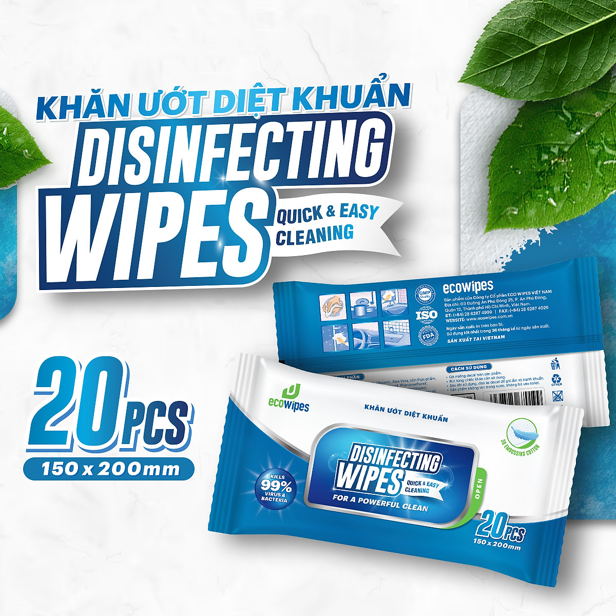 Khăn ướt diệt khuẩn EcoWipes diệt 99.9% vi khuẩn có hai trên mọi bề mặt gói 20 tờ