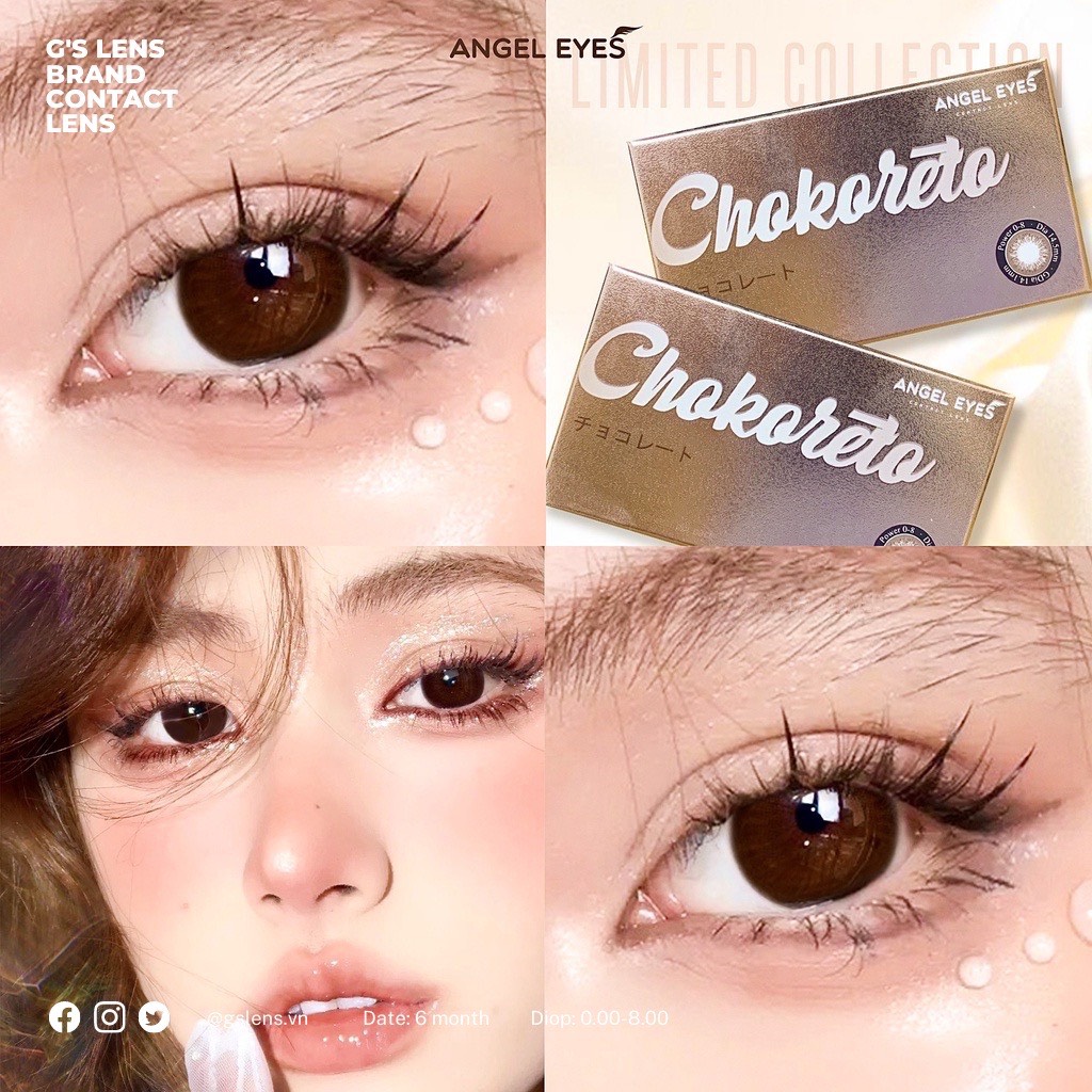 Kính giãn tròng màu Choco Chokoreto 14.5mm Size M 0-8 độ Silicone Hydrogel dành cho mắt nhạy cảm Angle Eyes-G'S LENS