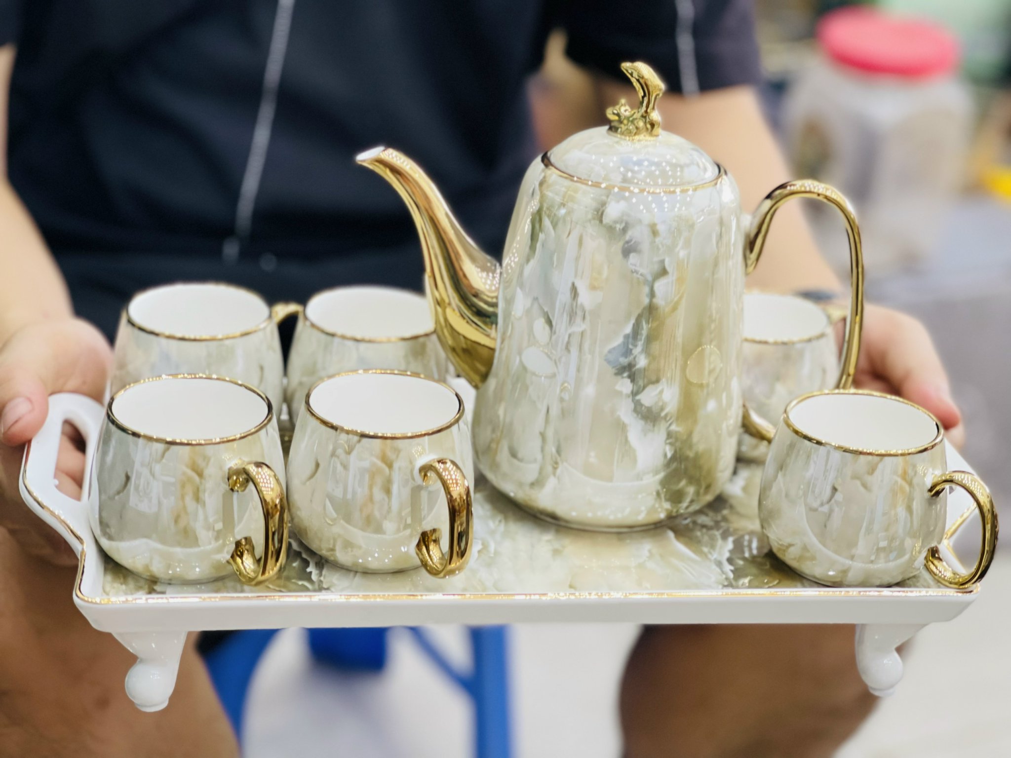 ấm chén pha trà màu vân đá. bộ tách trà màu vân ghi. ấm chén pha trà