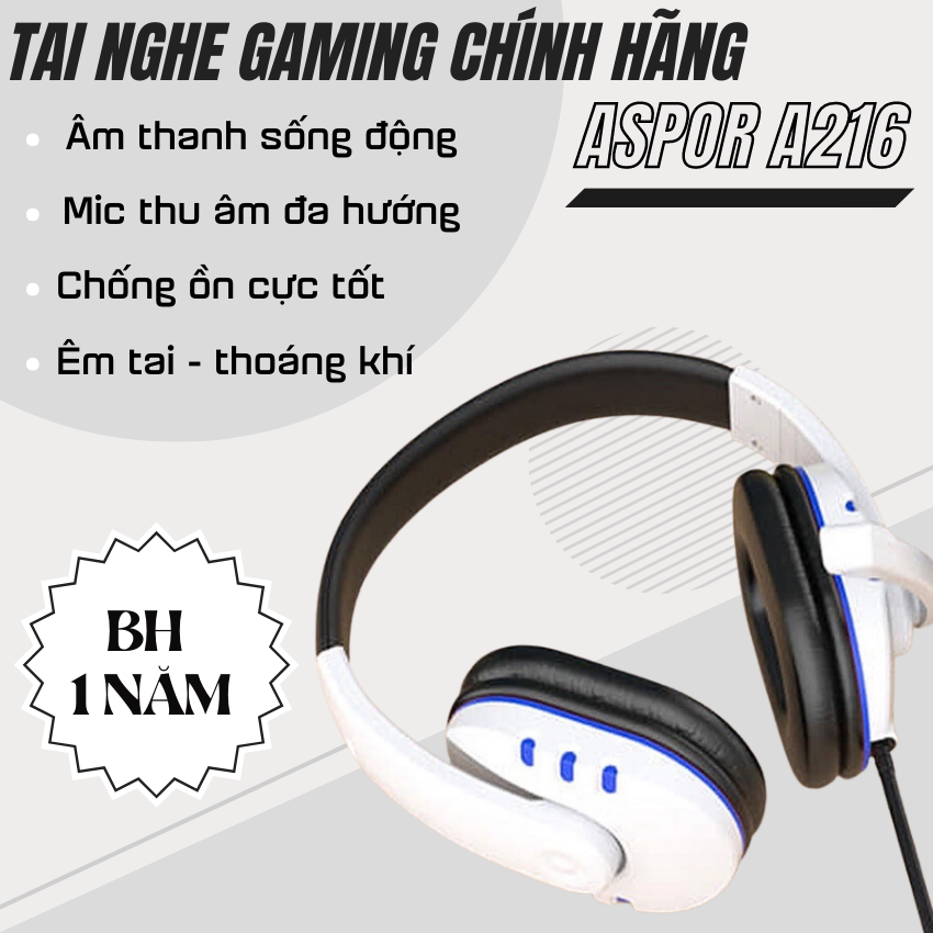 Tai nghe chụp tai, Tai nghe chuyên game Aspor, Tai nghe gaming có dây bass cực chất, chơi game, nghe nhạc, xem phim, Có micro thu âm đa hướng, êm tai thoáng khí