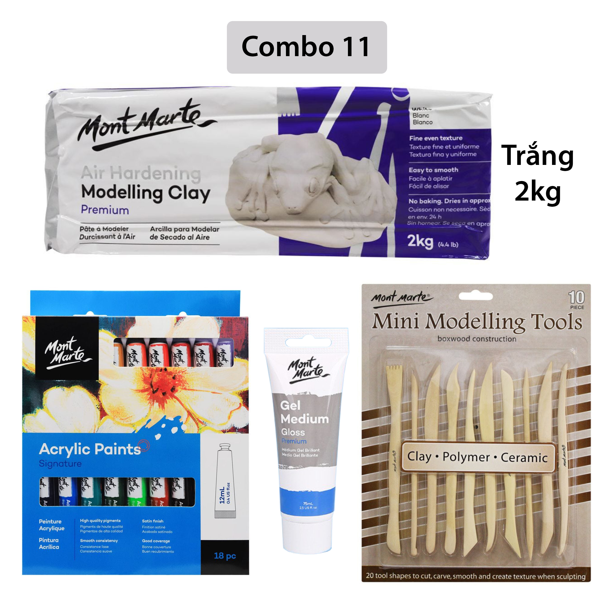 Combo Đất Sét Tự Khô 2kg Mont Marte và dụng cụ