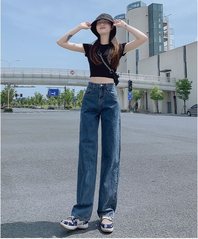 [HCM]QUẦN JEANS ỐNG SUÔNG MÀU XANH ĐẬM LƯNG CAO TÔN DÁNG TRƠN DÀI CHẠM MẮT CÁ
