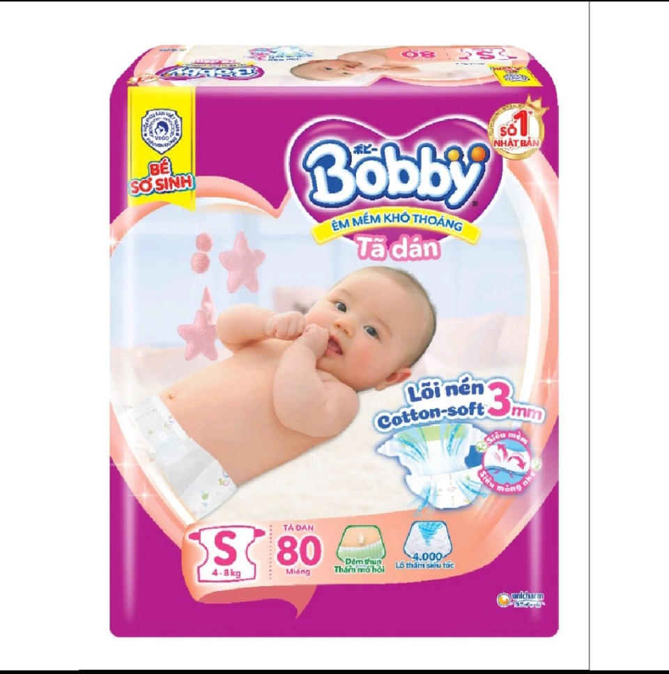 Tã dán Bobby lõi nén cotton-soft 3mm S 54 miếng, S80 miếng (4-8kg)
