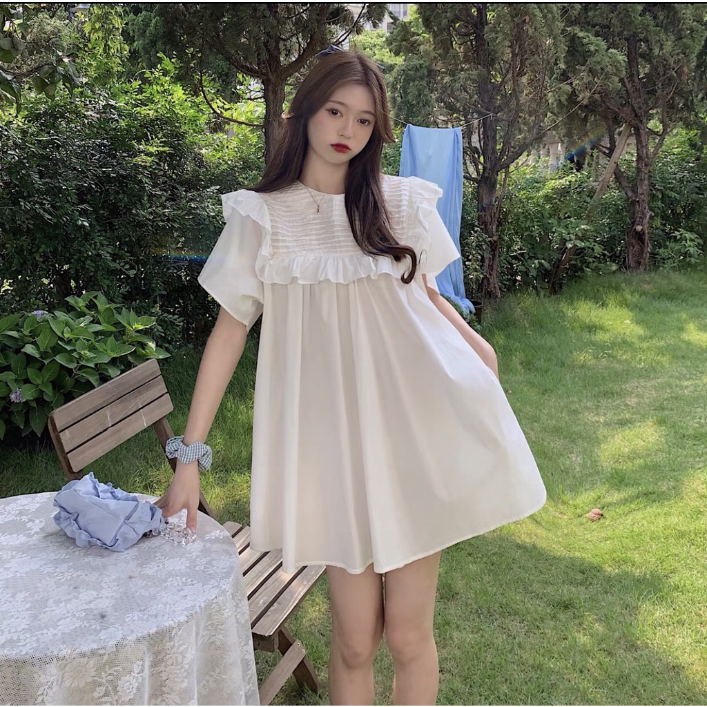 Đầm babydoll nữ ❤️váy tiểu thư trắng xoè cổ v đính nơ❤️ chất thô mềm xếp  tầng phông cách hàn quốc | Shopee Việt Nam