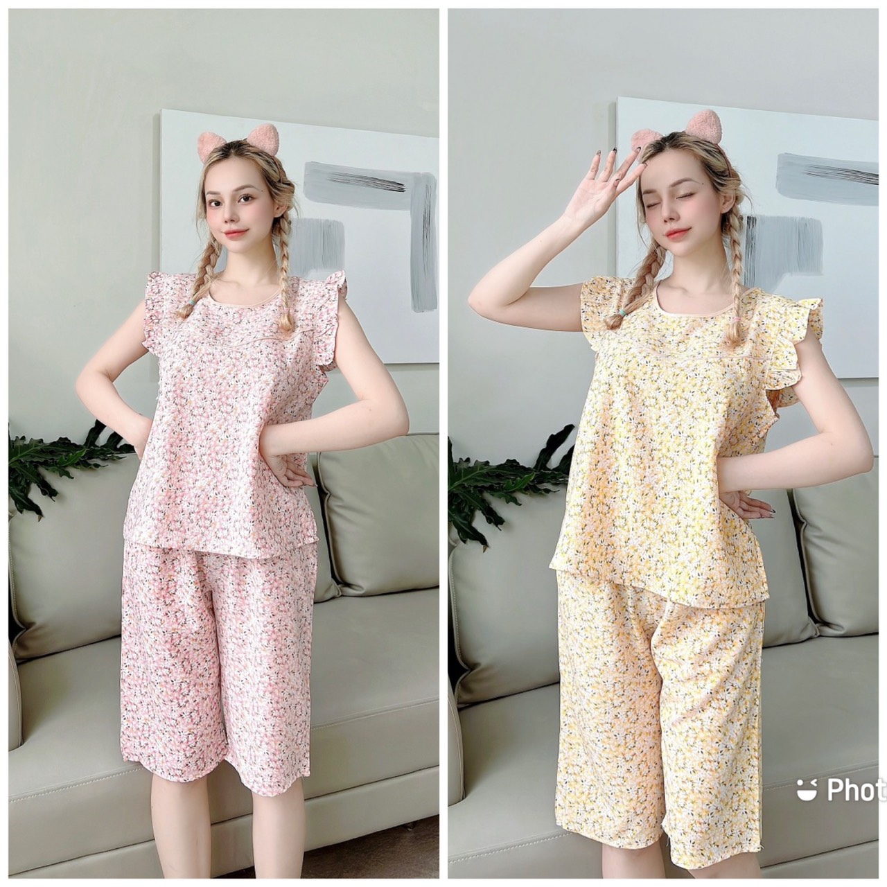 Đồ bộ lụa mặc nhà họa tiết hoa nhí bánh bèo