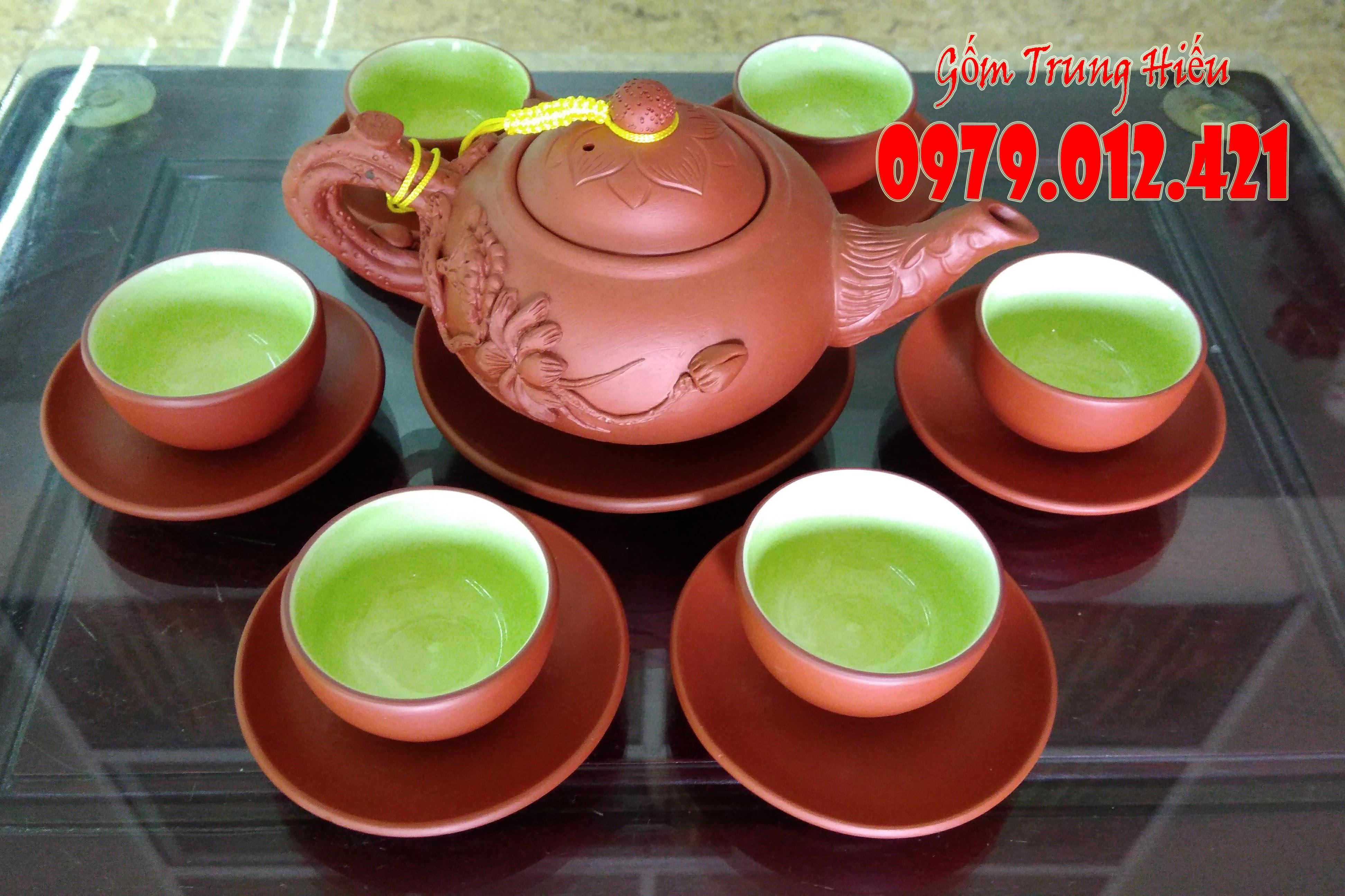 [Sale Sốc] Bộ ấm chén Tử Sa Bát Tràng đắp nổi sen đỏ