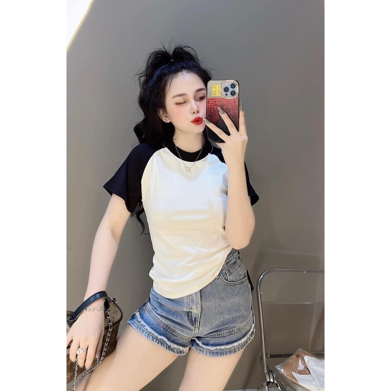 Áo Thun Dáng Ôm Nữ Tay Lỡ Phối Màu ( Mã Raglan Dưới 55Kg )