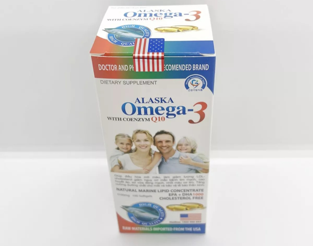 Viên Dầu Cá Alaska Omega 3 With Coenzym Q10 Tốt Cho Mắt, Khỏe Tim Mạch, Giảm Mỡ Máu - Chai 100 Viên