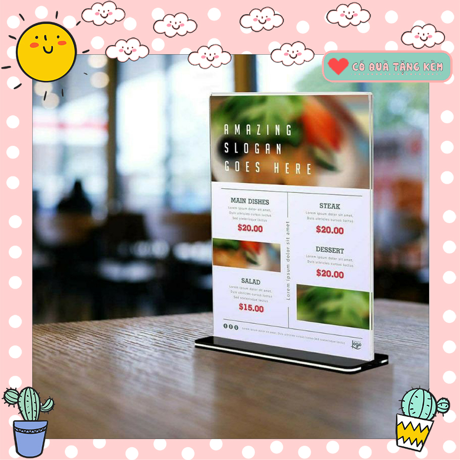 Menu mica A4,A5,A6,Kệ menu để bàn đế chữ T