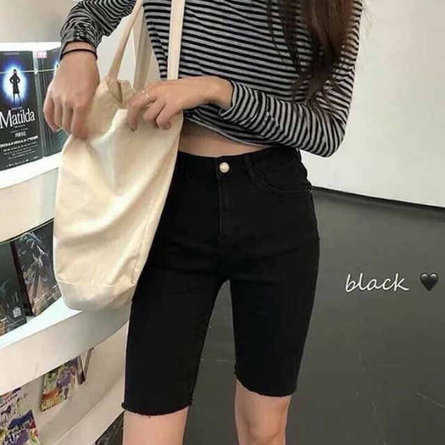 Quần bò đùi nữ lửng lưng cao quần short vải skinny mềm co giãn