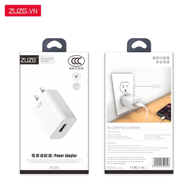Củ sạc nhanh iphone samsung  ZUZG 10w 5v-2a UC02
