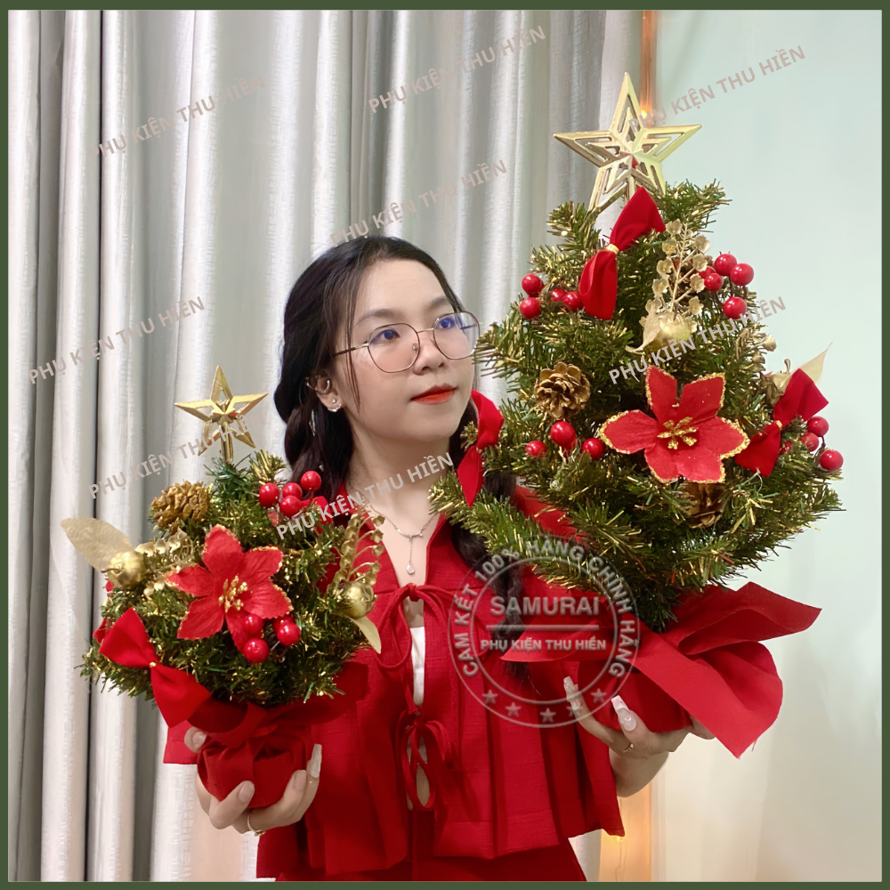Cây thông noel mini cao 38cm, 50cm XANH VÀNG có trang trí đế nhựa bọc vải đỏ trang trí giáng sinh cho nhà cửa, phòng khách, phòng ngủ