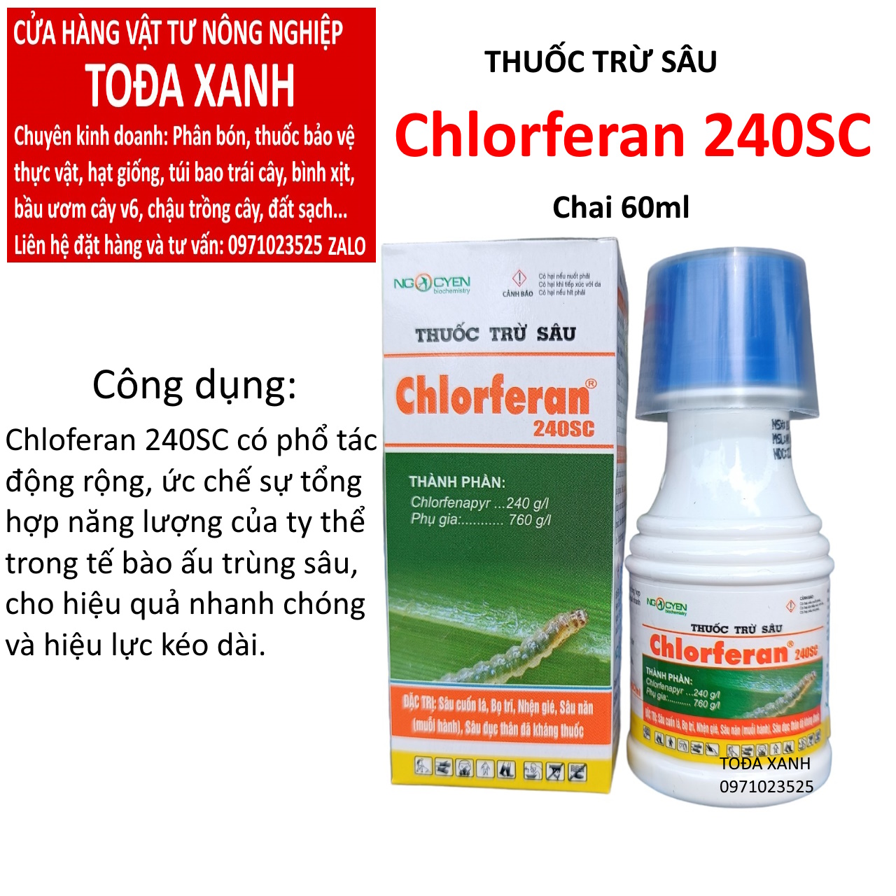 Thuốc trừ sâu Chlorferan 240sc 60ml, trừ sâu cuốn lá, bọ trĩ, nhện đỏ, sâu năn , sâu đục thân đã kháng thuốc