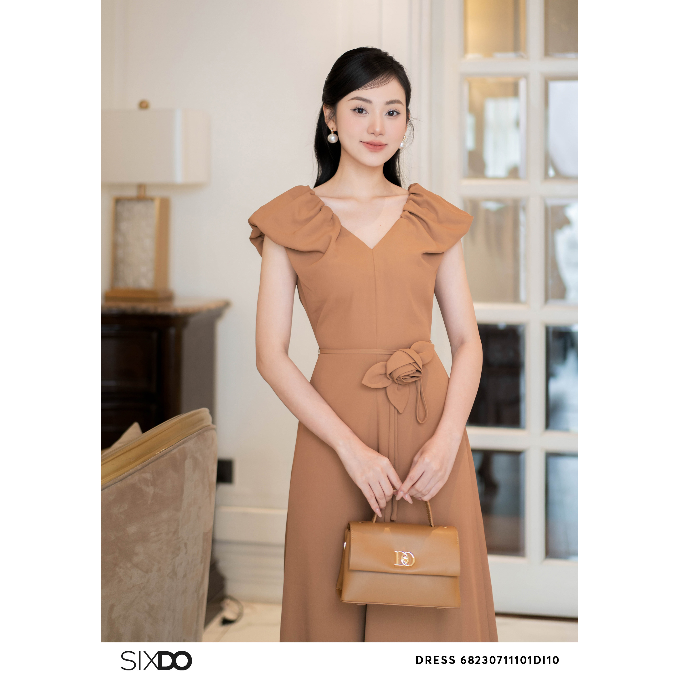 Đầm lụa nâu cổ V tay phồng SIXDO (Yellowish Brown Midi Silk Dress With Flower)