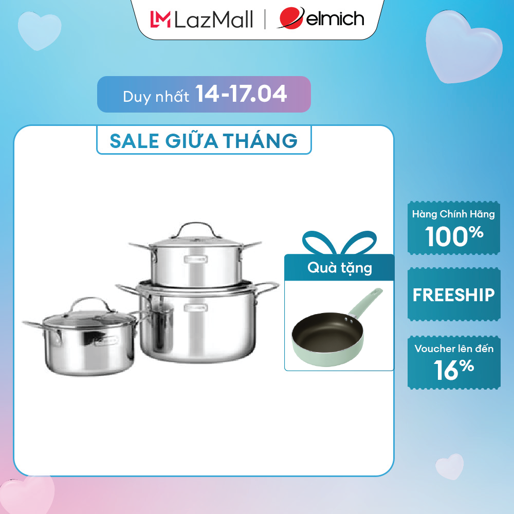 (Duy nhất 15-17.04) Bộ nồi inox 3 lớp đáy liền Elmich 2103OL size 18,20,26cm