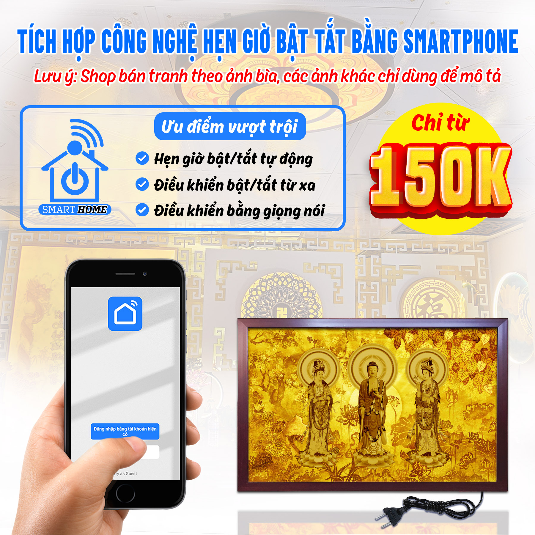 Đèn hào quang phật tây phương tam thánh in tranh trúc chỉ ngang chân thiện mỹ, trang trí phòng thờ, bàn thờ phật tc-tn-85
