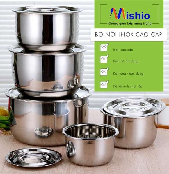 [mới 2021] bộ 5 nồi inox myhome (kích thước 16cm - 18cm - 20cm - 22cm - 24cm)