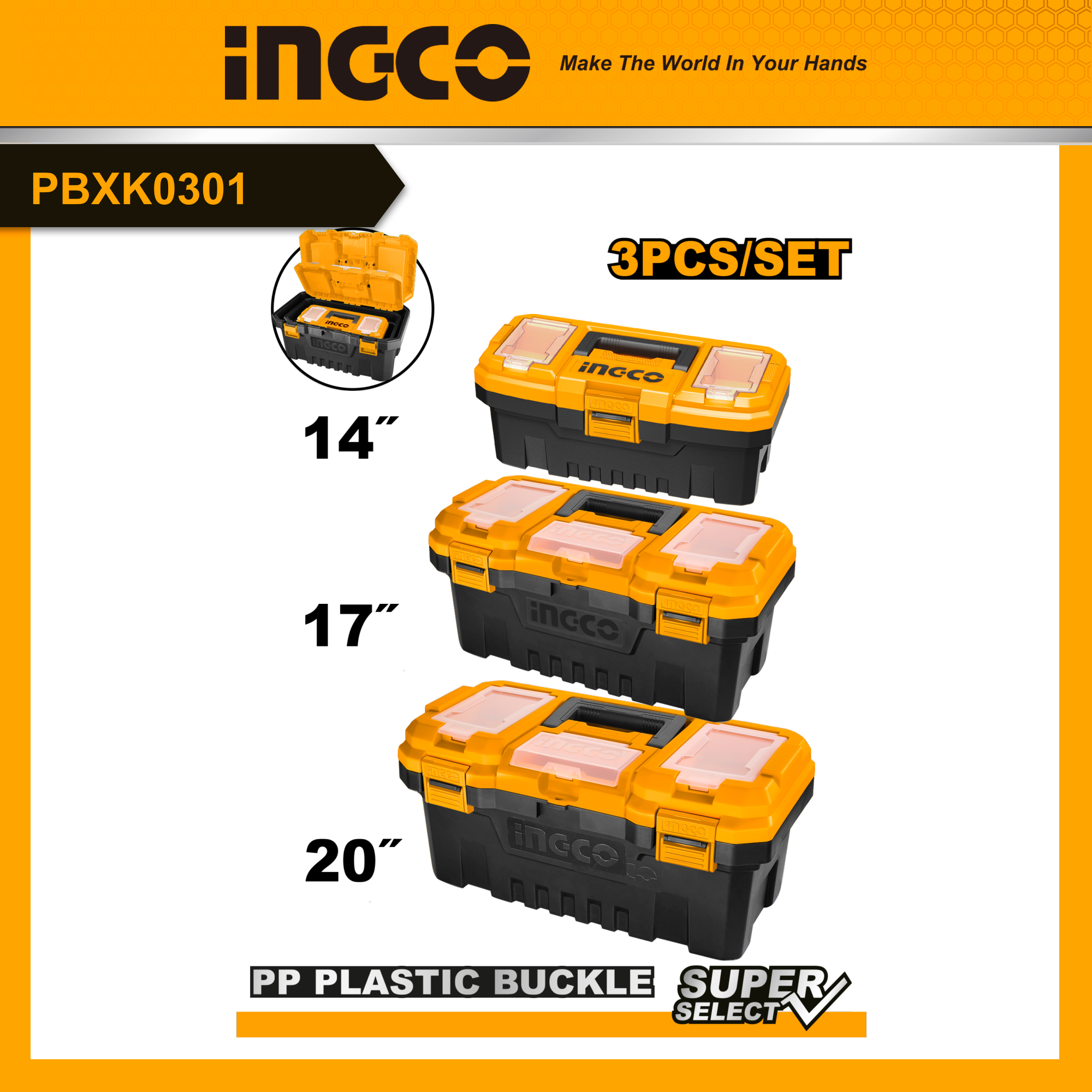 Bộ 3 Hộp Đựng Dụng Cụ Đồ Nghề INGCO PBXK0301 14" - 17" - 20", Có Khay Chứa Đồ, Cứng Cáp, Chắc Chắn