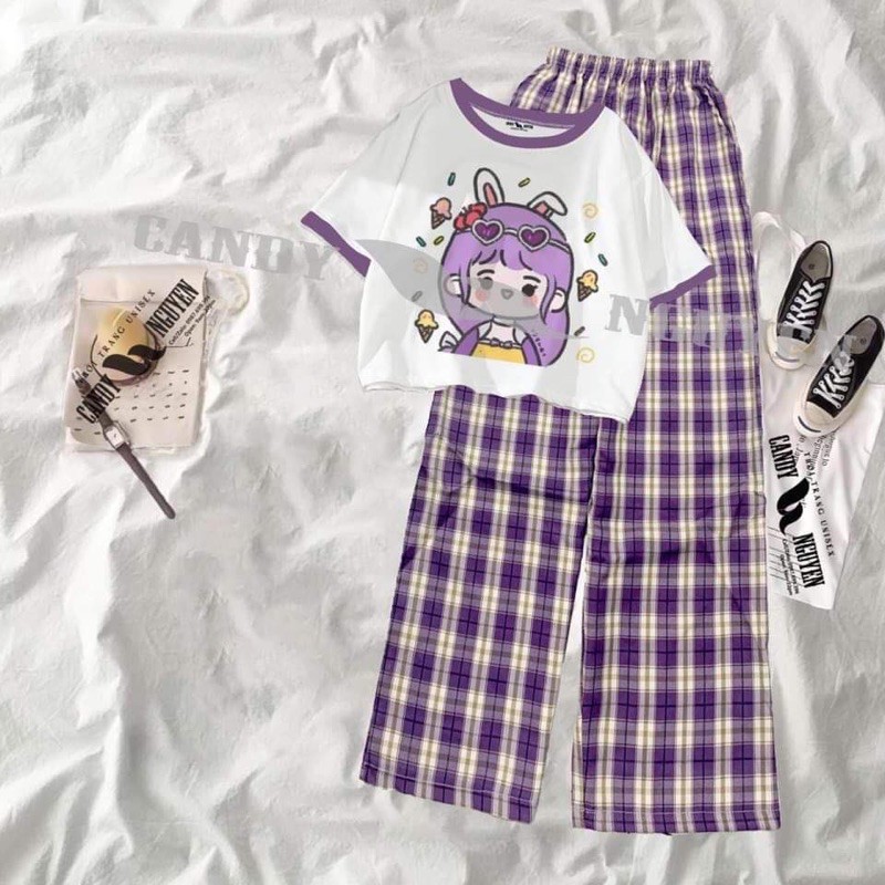 [FREESHIP] Set áo croptop co gái tóc tím kính tim + quần kẻ tím ống rộng chất đẹp