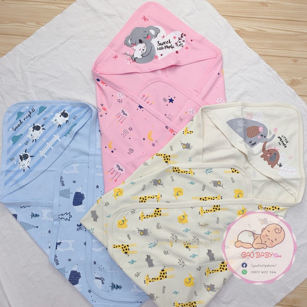 ủ choàng sơ sinh cotton Mipbi 2 lớp cho bé
