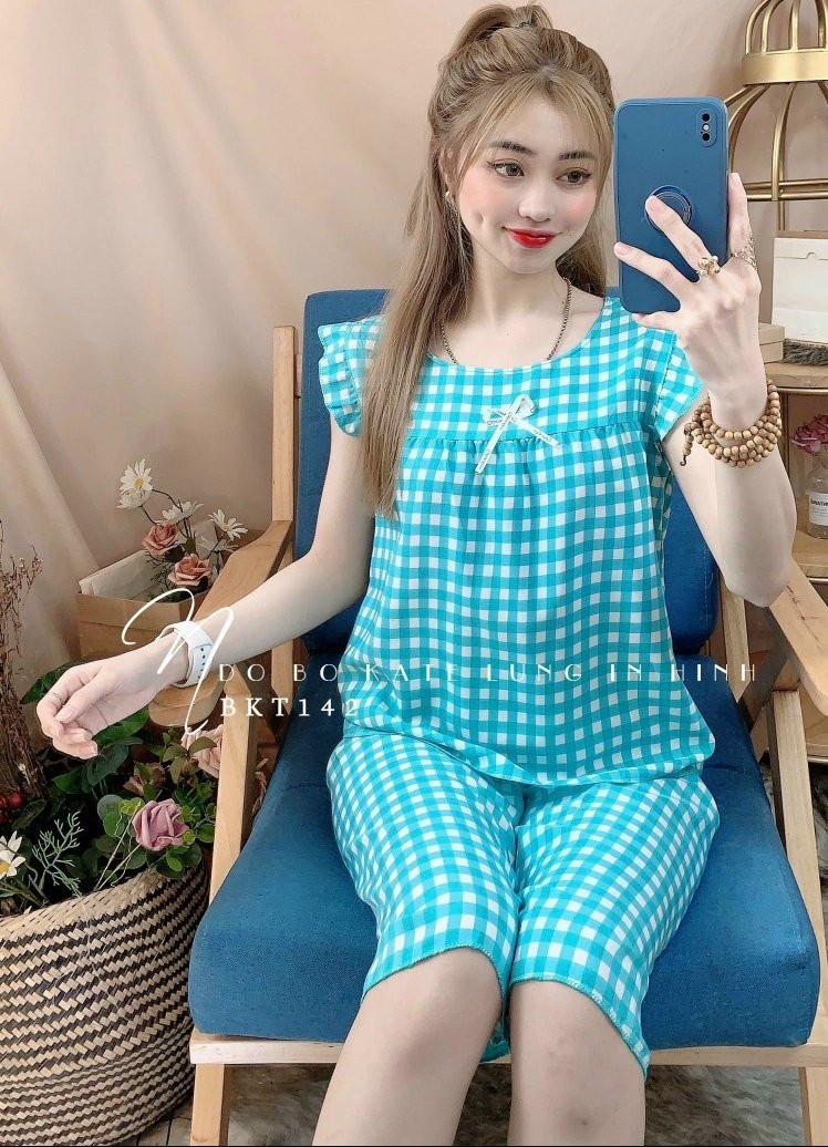 Đồ bộ mặc nhà kate lụa caro dễ thương