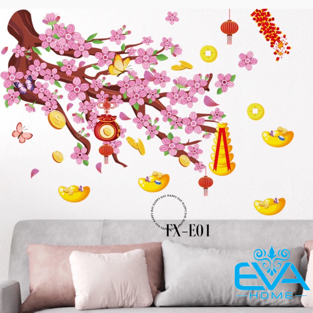 Decal Dán Tường Dán Kính Trang Trí Tết Họa Tiết Cành Mai Và Đồng Vàng Đón Xuân FX-C127 M3592