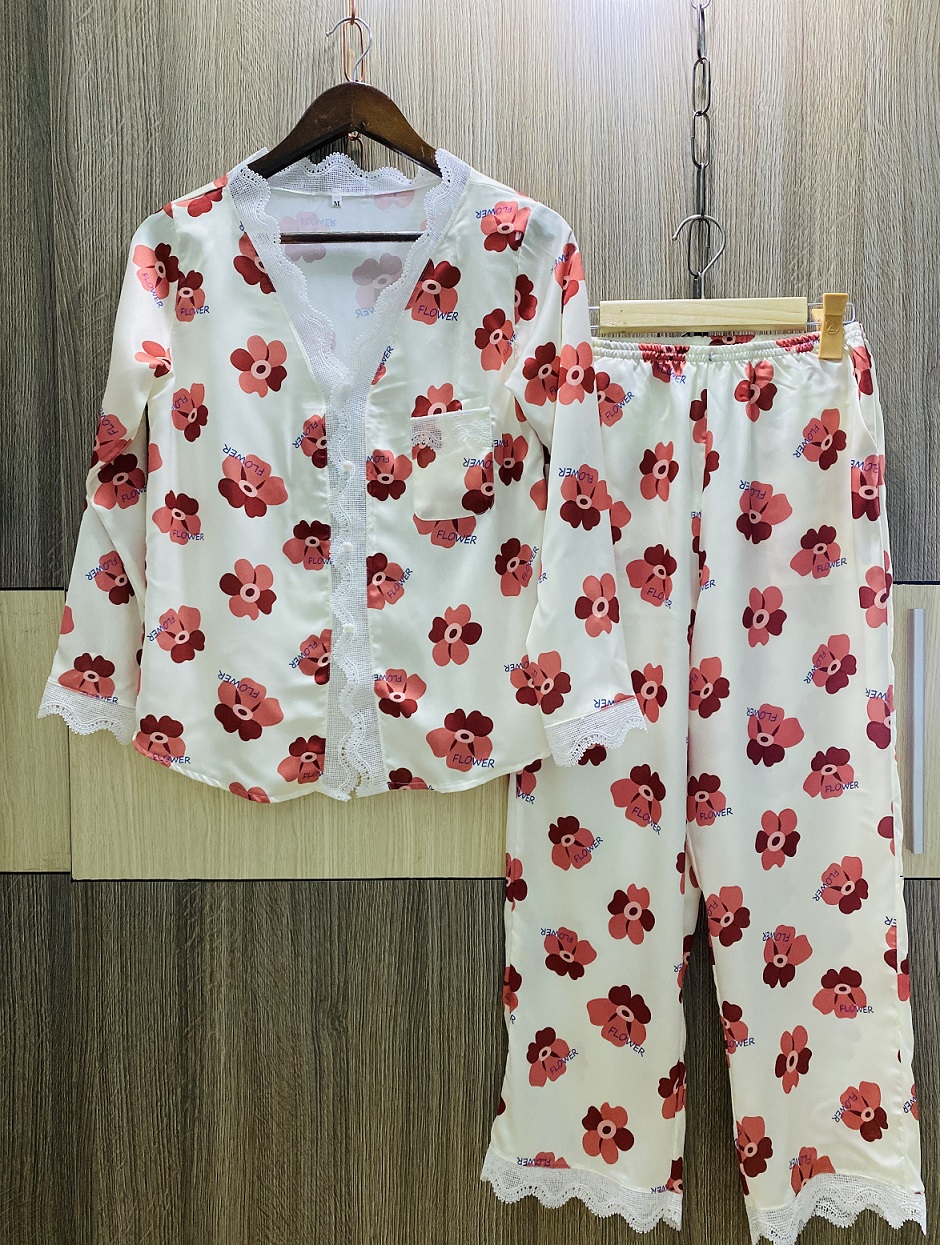 [HCM]Đồ Bộ Lụa Tơ Tằm Hoa Phối Ren