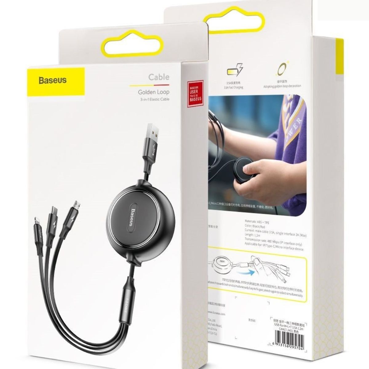 Cáp sạc dây rút 3 đầu Baseus Golden Loop 3 in 1 Elastic Cable CAMLT