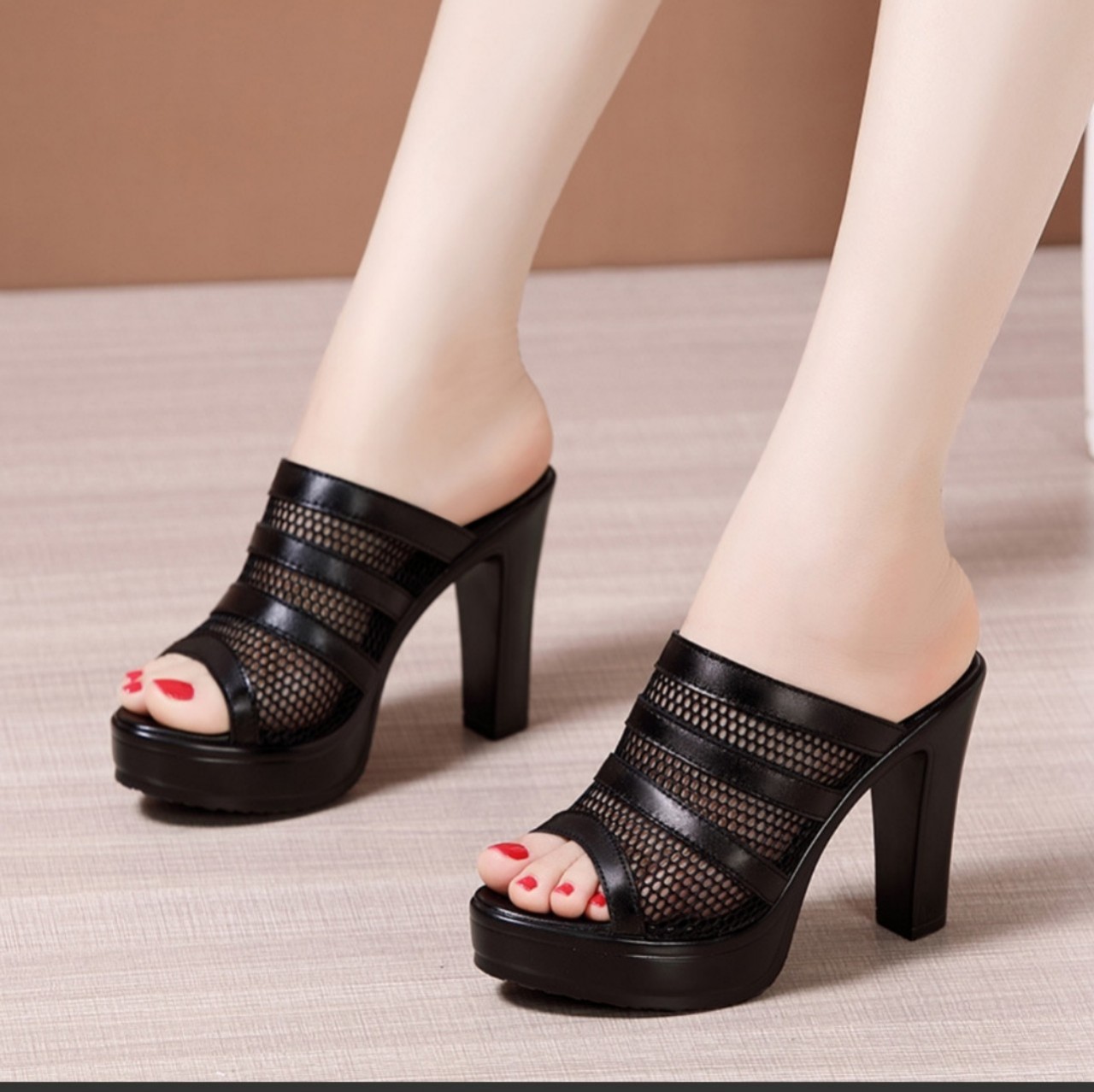 Dép cao gót phối lưới 9f