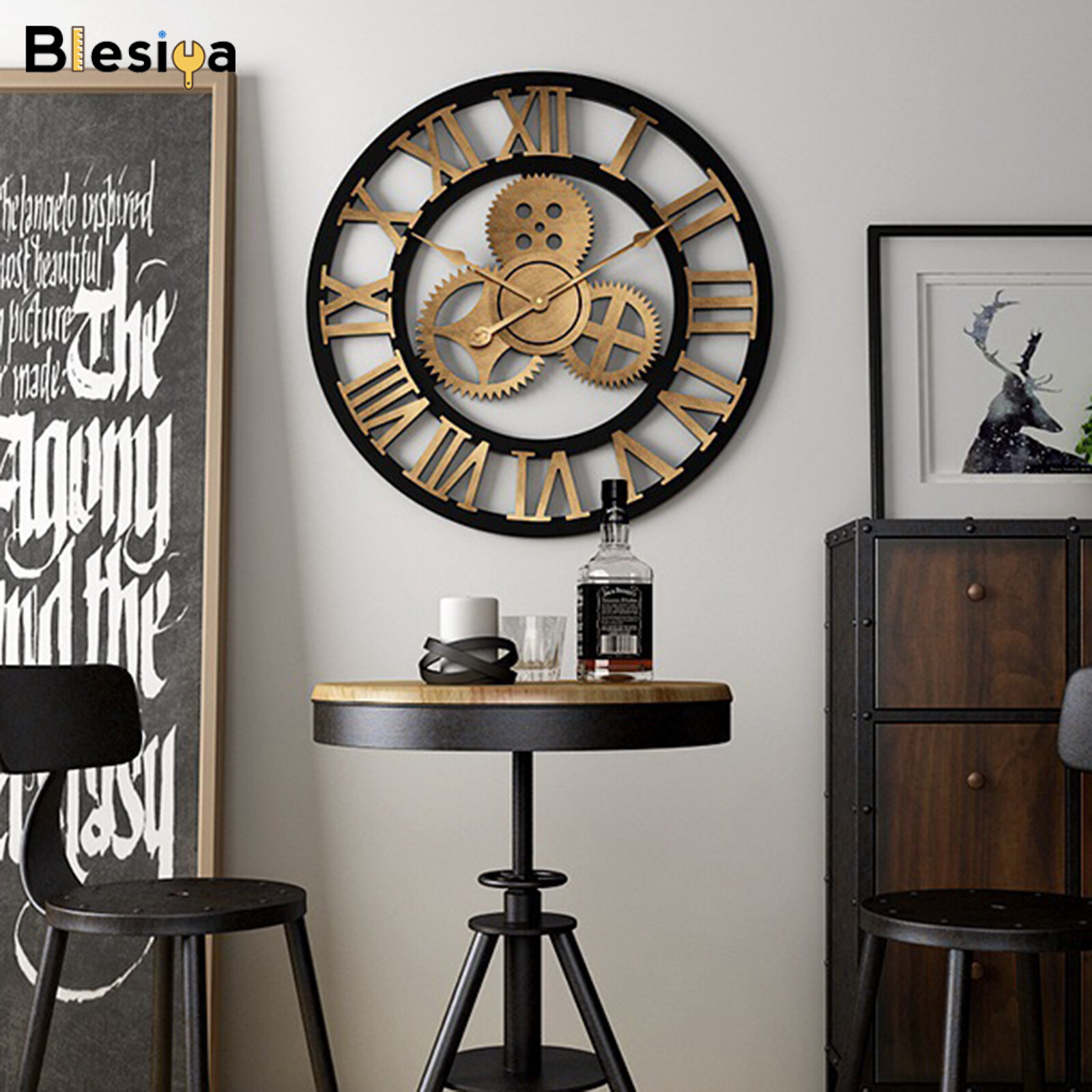 Blesiya Large 3D Retro Wooden Wall Clock House Warming Gift Roman Numeral for Hotel