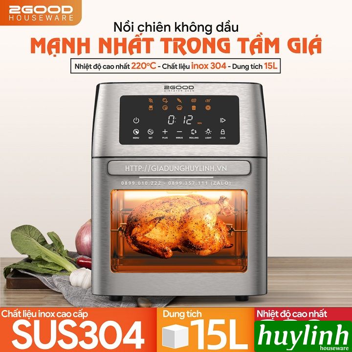 [Voucher 350k] Nồi chiên không dầu điện tử 2Good Vortex S20 - 14.5 lít - Tặng găng tay - 16 chức năng