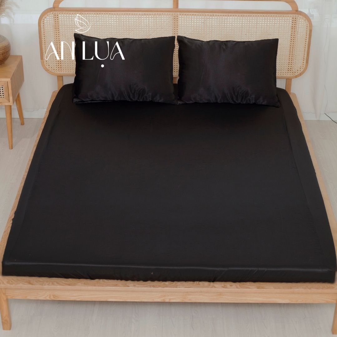 Bộ chăn drap 5 món An Lụa vải lụa mịn mát và thân thiện cho da - Đen