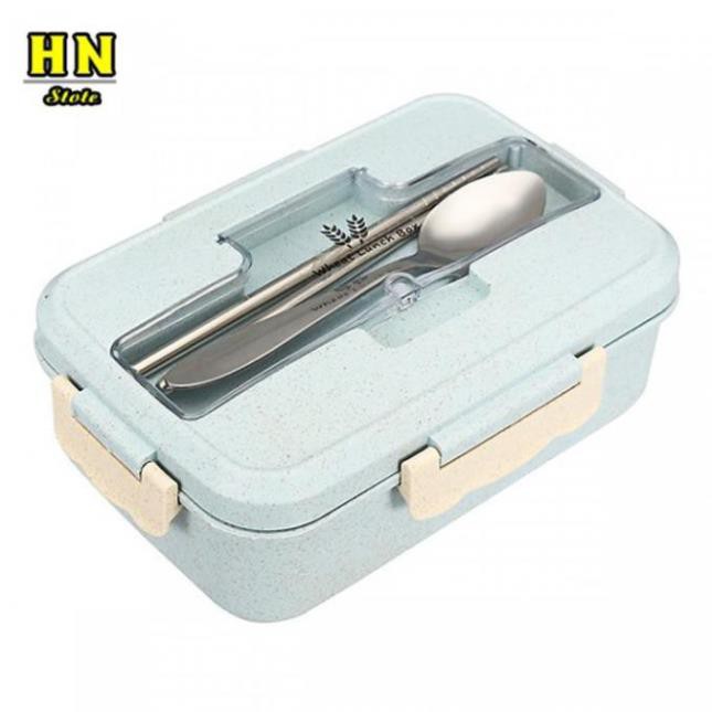 Hộp đựng cơm văn phòng lúa mạch 3 ngăn tặng kèm thìa đũa inox