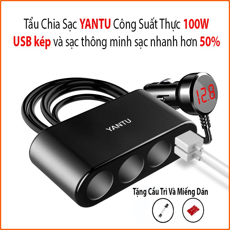 Bộ chia tẩu sạc ô tô, xe hơi cao cấp 3 tẩu - 2 cổng USB sạc nhanh YanTu- có công tắc linh hoạt, tặng kèm cầu trì dự phòng - LAKADO