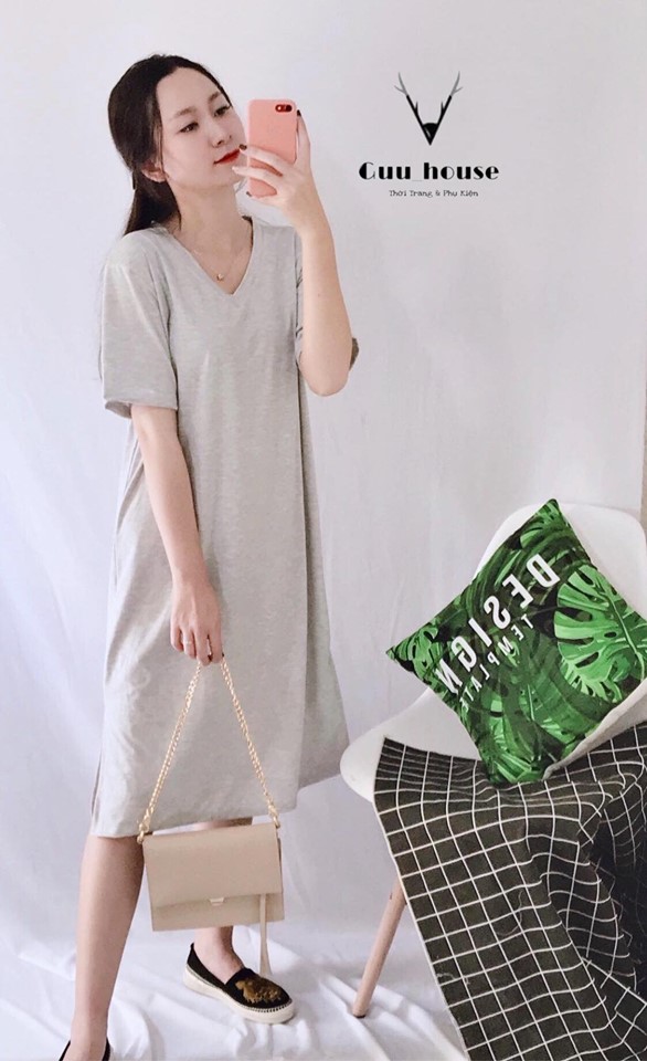 Đầm suông trơn cổ tim basic form rộng chất vải mềm mịn dưới 65kg