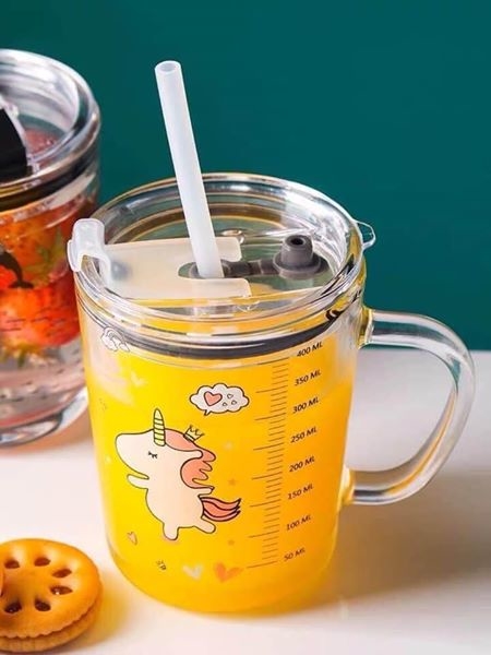 Cốc thủy tinh có nắp và ống hút có vạch chia ml hình ngộ nghĩnh, Ly thủy tinh, Bình thủy tinh pha sữa
