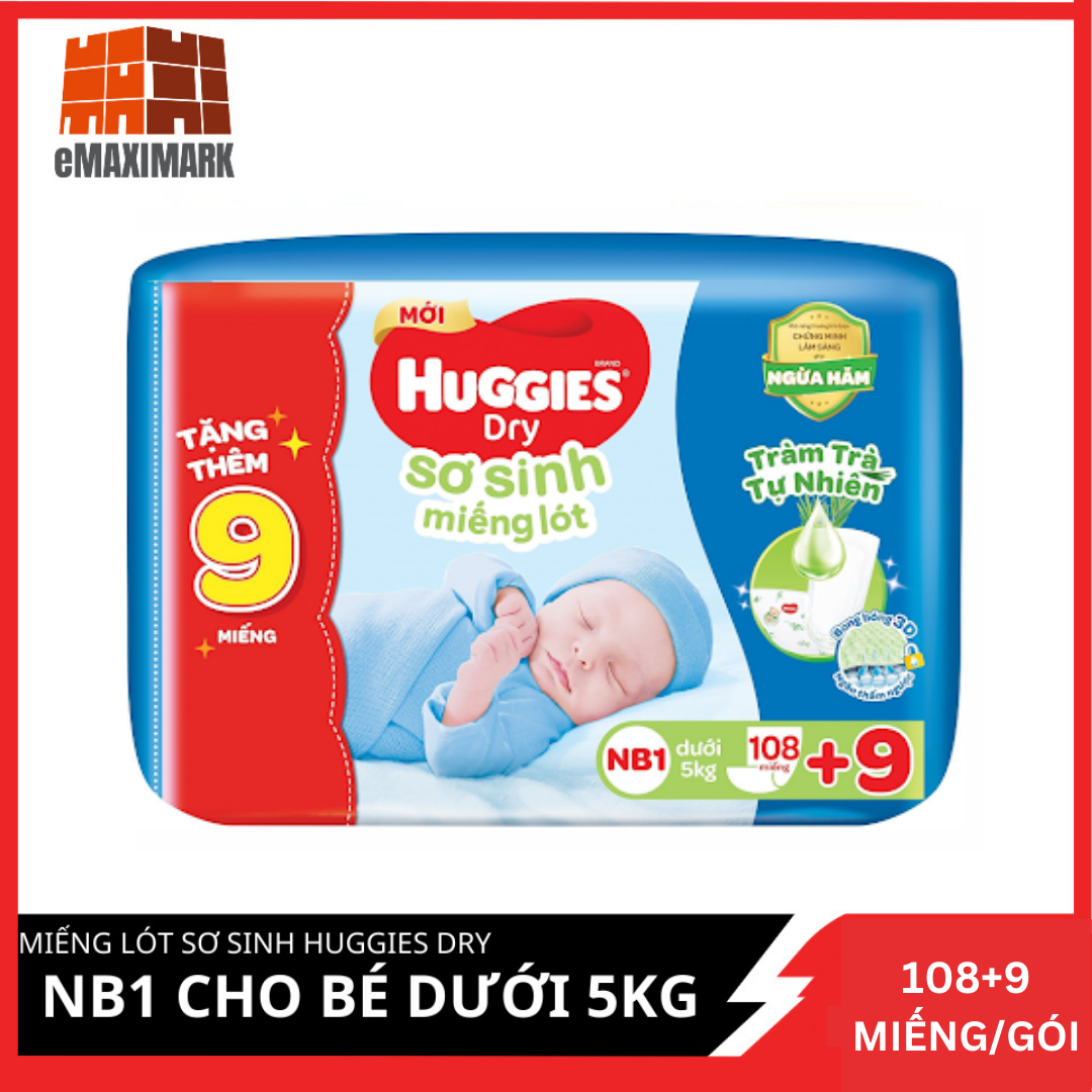 Miếng Lót Sơ Sinh Huggies Dry Size NB1 Gói 108+9 Miếng (Cho Bé Dưới 5KG)
