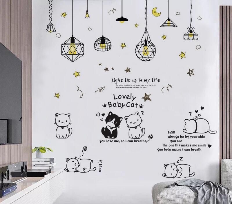 Decal dán tường Mèo xinh và dây đèn- M55-Scenedecal-Framedecals