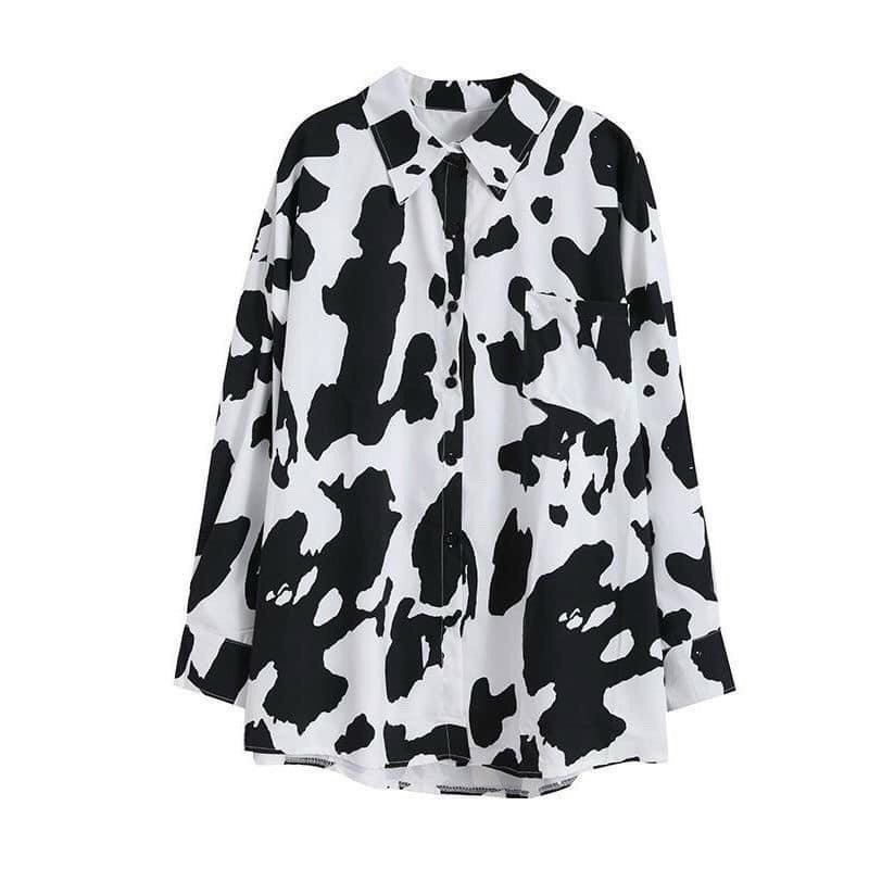 Áo sơ mi  from rộng vải kate in hình bò sữa dễ thương  TTSLA0486