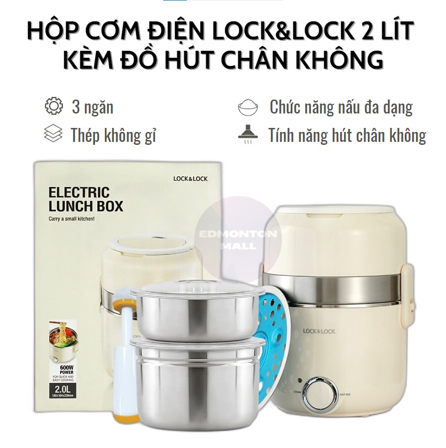 Hộp cơm điện lock&lock 3 ngăn ejr226ivy 2 lít, tặng kèm thiết bị hút chân không, hộp cơm giữ nhiệt, thích hợp cho văn phòng, đi làm, thời gian nấu nhanh chóng, tiện lợi, bh 1 năm, 1 đổi 1