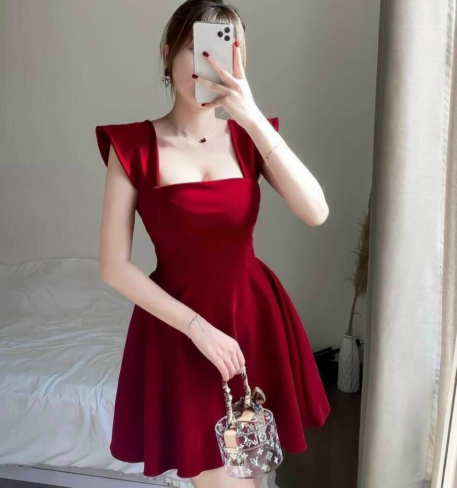 Đầm nữ đi tiệc, đầm đỏ umi cánh tiên, đầm 2 dây cổ vuông, váy màu đỏ đám cưới, đầm công chúa dáng xoè sang chảnh