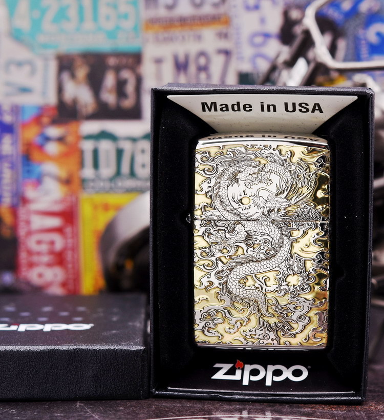 Bật lửa Zippo khắc Rồng châu Á bản tiêu chuẩn mạ Chrome