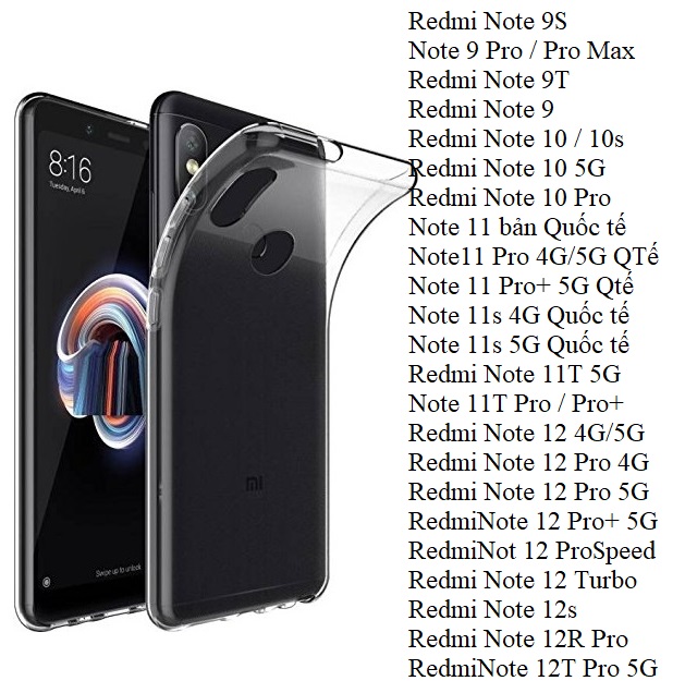 Ốp dẻo trong Xiaomi Redmi Note 5 Pro Note 6 Pro Note 7 Pro Note 8 Pro Note 9 Pro 9s 9T Note 10 Pro 10s Note 11 Pro+ 11s 11T Note 12 Pro 12 Turbo 12s 12T Pro 12R Pro (Loại A đẹp)