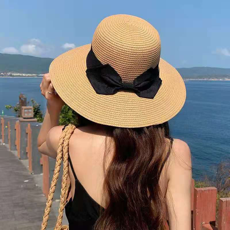 Mũ cói vành rộng đính nơ che nắng xinh xắn