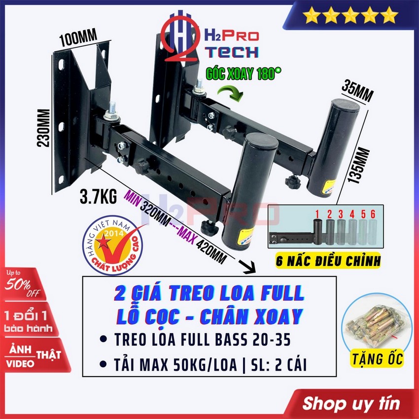 Đôi Giá Treo Loa Full 30, Giá Cọc Treo Loa Đứng Chân Xoay Cao Cấp, Chịu Tải 50kg (tặng bộ ốc 30K)-H2pro Tech