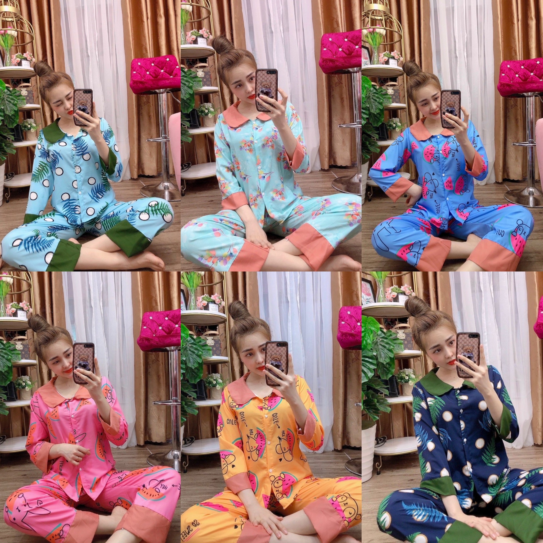 Pijama nữ lụa hàn dài tay mộc shop, đồ pijama nữ lụa mặc ngủ, đồ ngủ nữ bộ mặc nhà-db54
