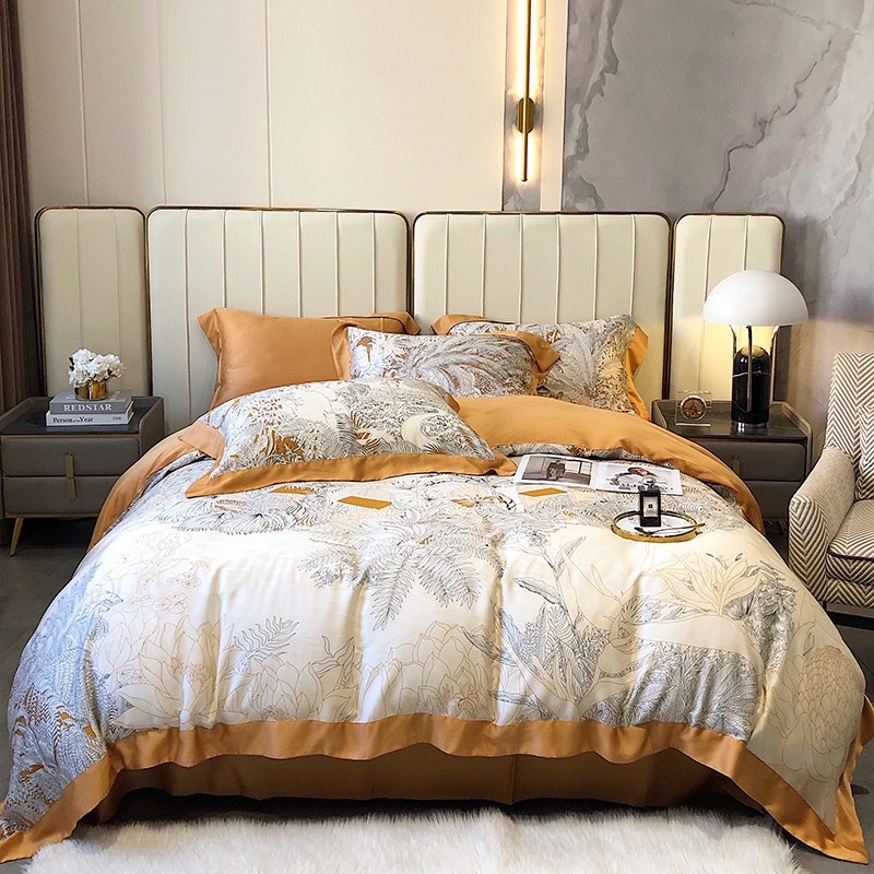 Bộ Chăn ga siêu phẩm Tencel MoonLight 100s mềm mịn mát lạnh hoạ tiết thanh lịch tinh tê