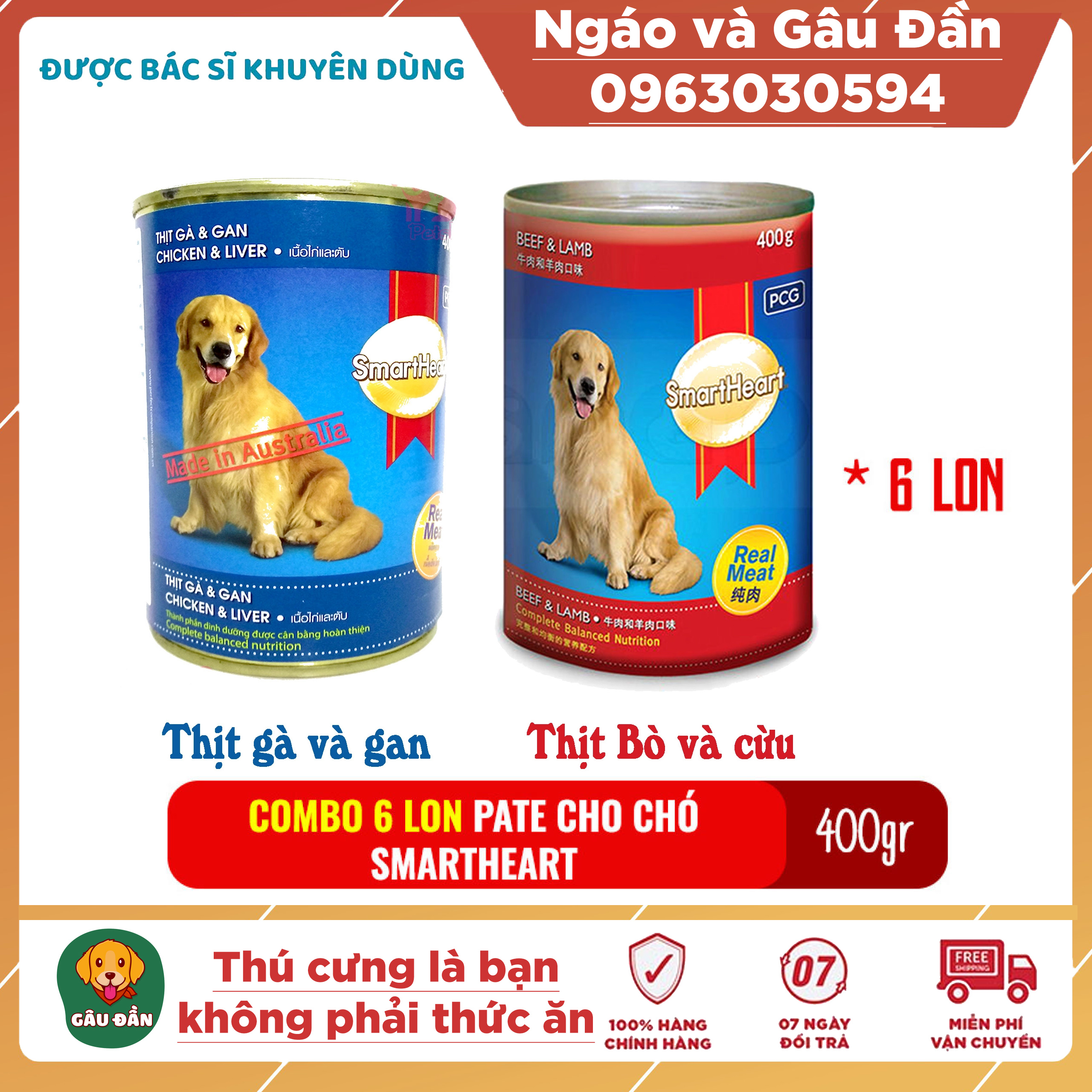 Combo 6 lon Thức ăn Pate cho chó Smartheart lon 400gr